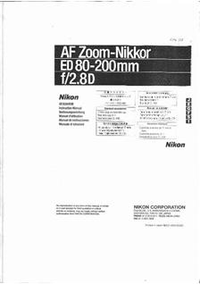 Nikon 80-200/2.8 manual. Camera Instructions.